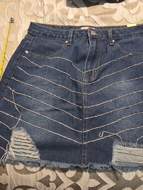 Denim Mini Skirt with Silver Beaded Stripes